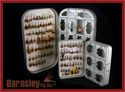 fly box and 100 assorted barbless flies