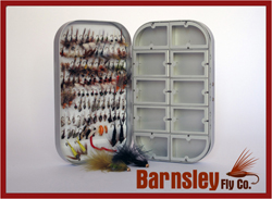 fly box and 100 assorted barbless flies