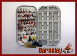 fly box and 100 assorted barbless flies